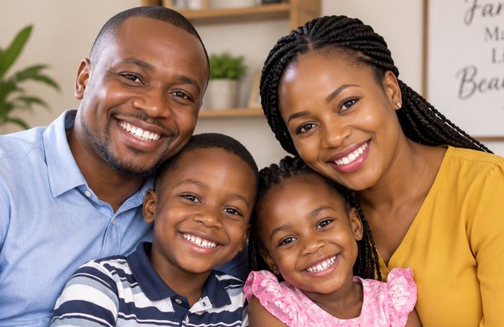 A smiling Kenyan family (illustrative AI-generated image)