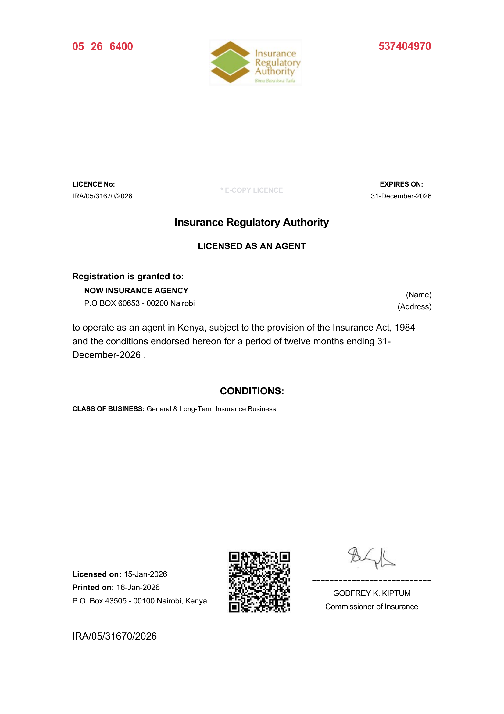 Now Insurance Agency IRA Licence — IRA/05/31670/2026